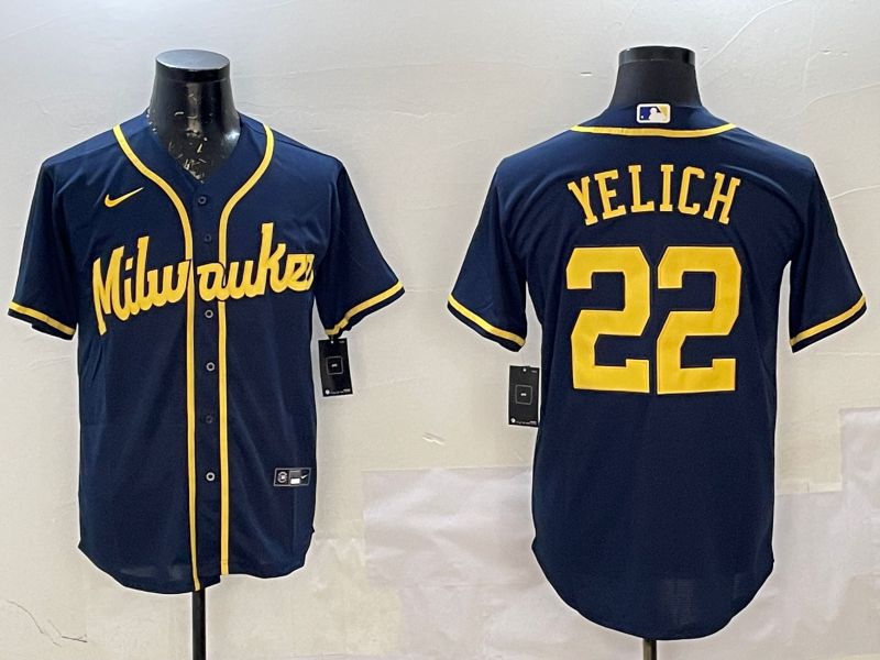 Men Milwaukee Brewers #22 Yelich Drak Blue Game 2025 Nike MLB Jersey style 1
